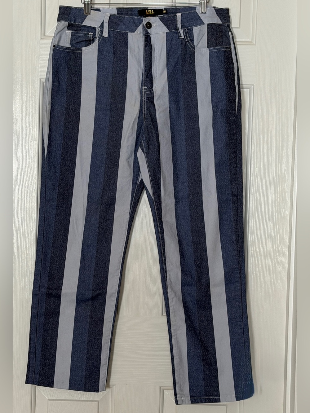 L&B Lucky & Blessed Striped Straight Leg Jeans Size 16 Blue White Stretch Denim